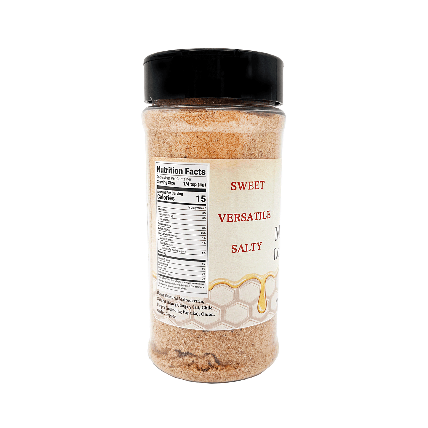 Spice jar with a label on a white background