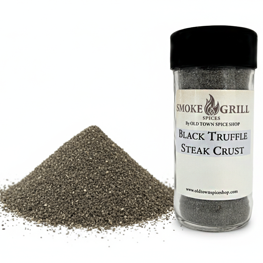 Jar of Black Truffle Steak Crust spice mix with a white label on a white background