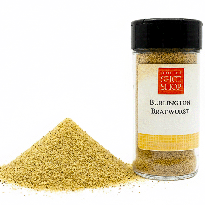 Bottle of Old Town Spice Shop Burlington Bratwurst spice blend with a white background