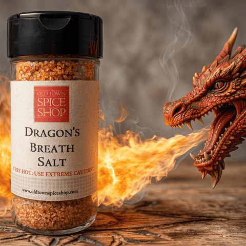 Bottle of 'Dragon's Breath Salt' from Old Town Spice Shop with a dragon