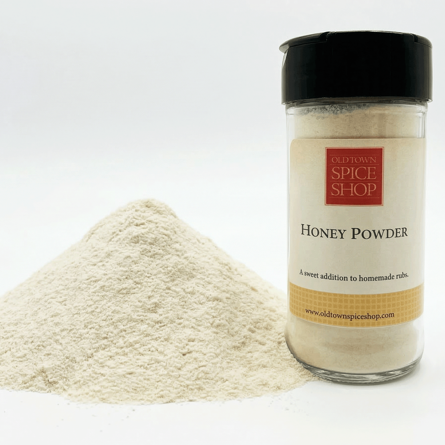 Jar of honey powder from Old Town Spice Shop with a white background