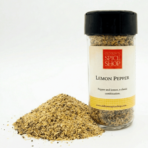 Jar of Old Town Spice Shop Lemon Pepper with a white background