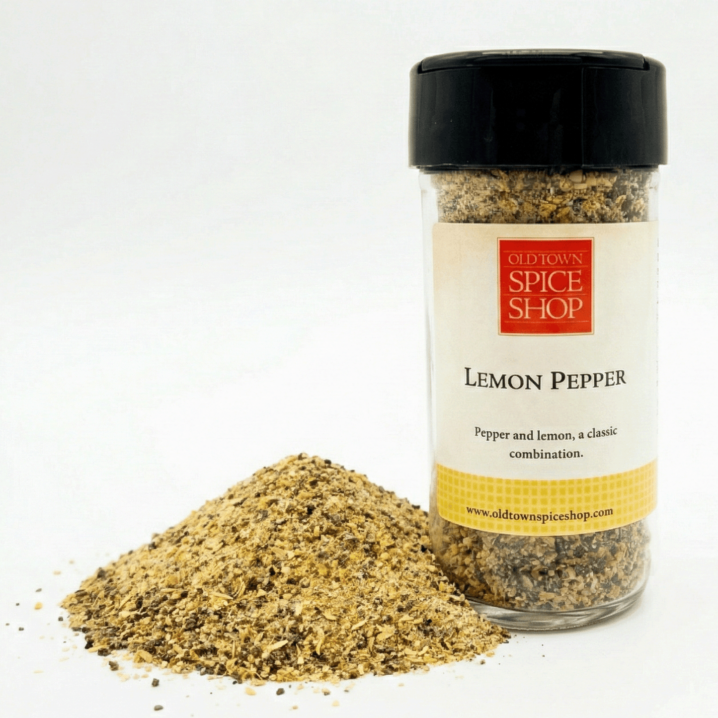 Jar of Old Town Spice Shop Lemon Pepper with a white background
