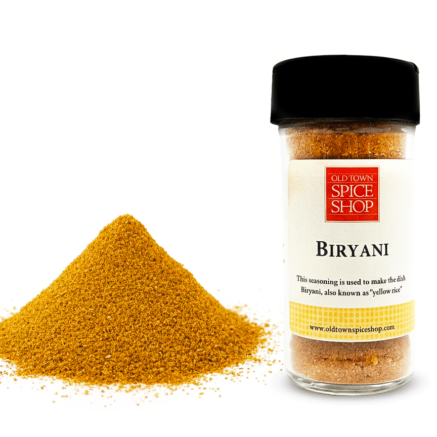 Biryani spice jar from Old Town Spice Shop with yellow spice on a white background