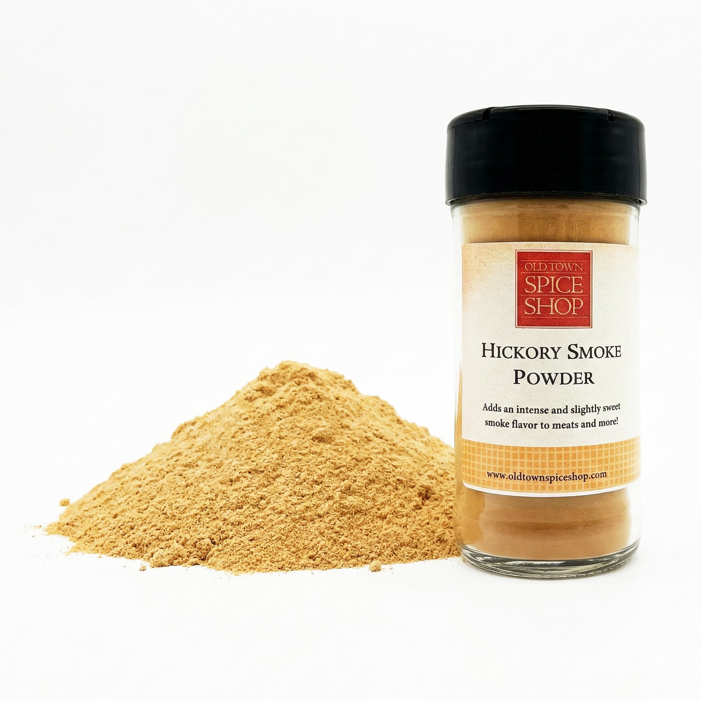 Jar of Old Town Spice Shop Hickory Smoke Powder with a white background