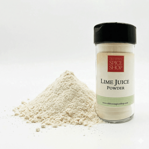 Jar of lime juice powder from Old Town Spice Shop with a white background