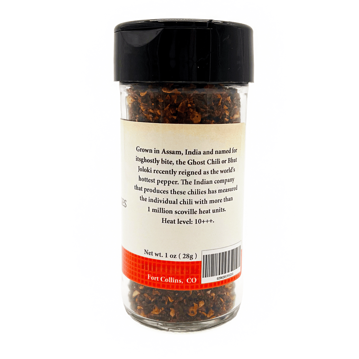 Glass jar of ghost chili peppers with a black lid on a white background
