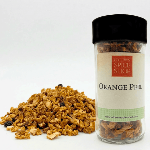 Jar of orange peel from Old Town Spice Shop with a white background