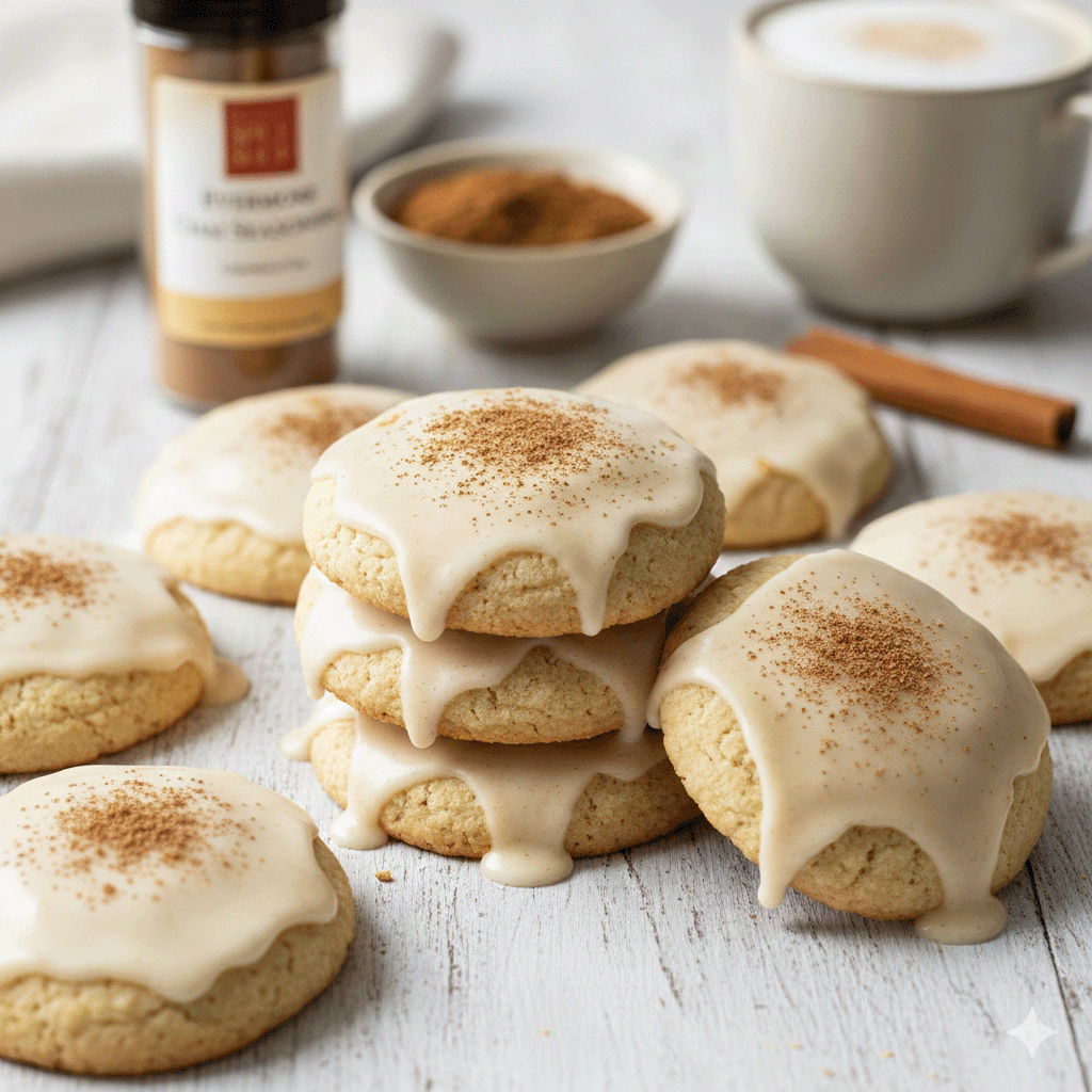 Stack of iced cookies with cinnamon sprinkles on a wooden surface, with a jar of spice and a cup of coffee in the background.