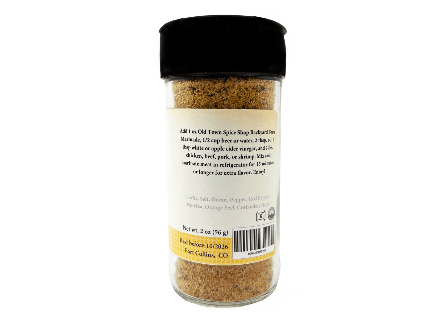 Spice jar with black lid and label on a white background