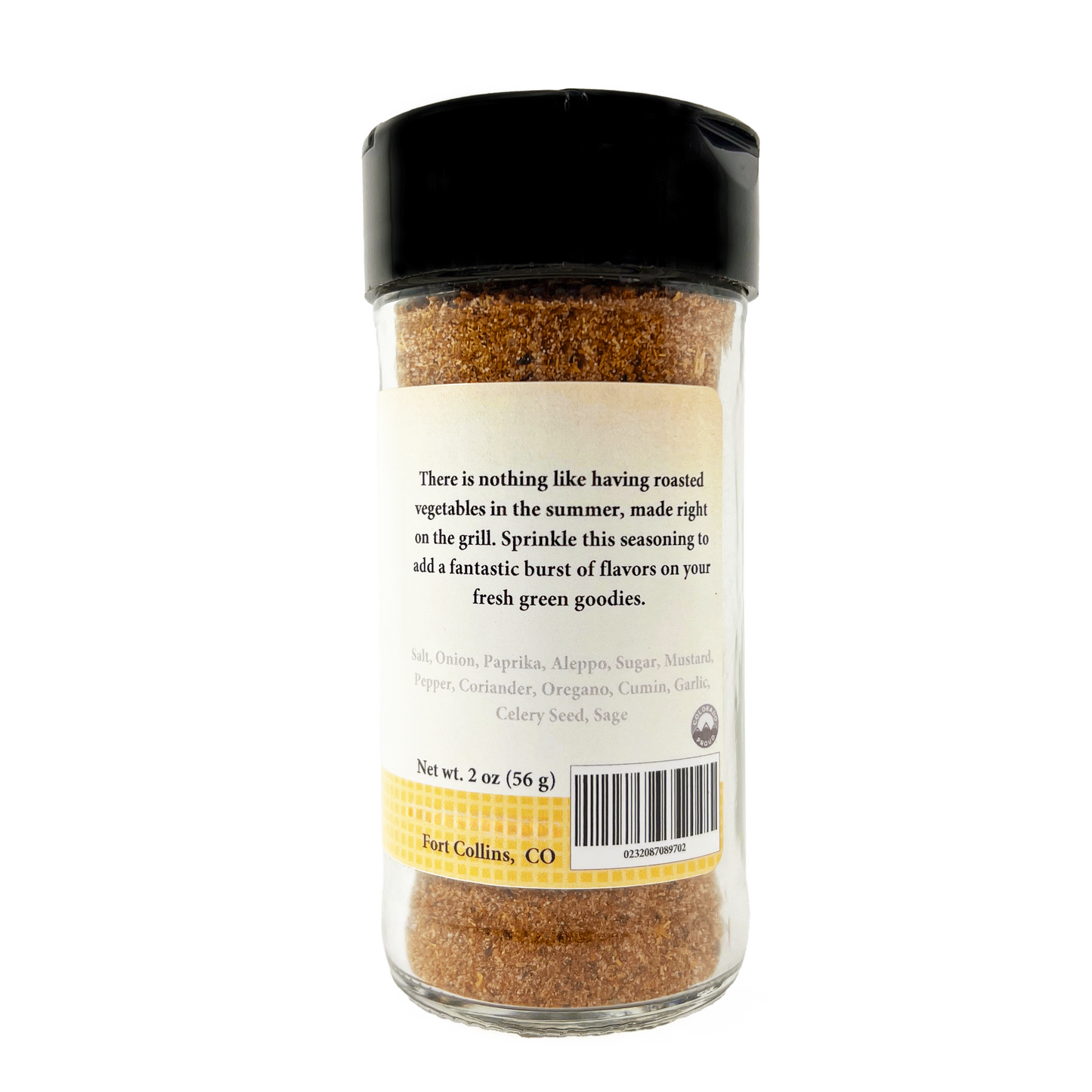 Spice jar with a label on a white background