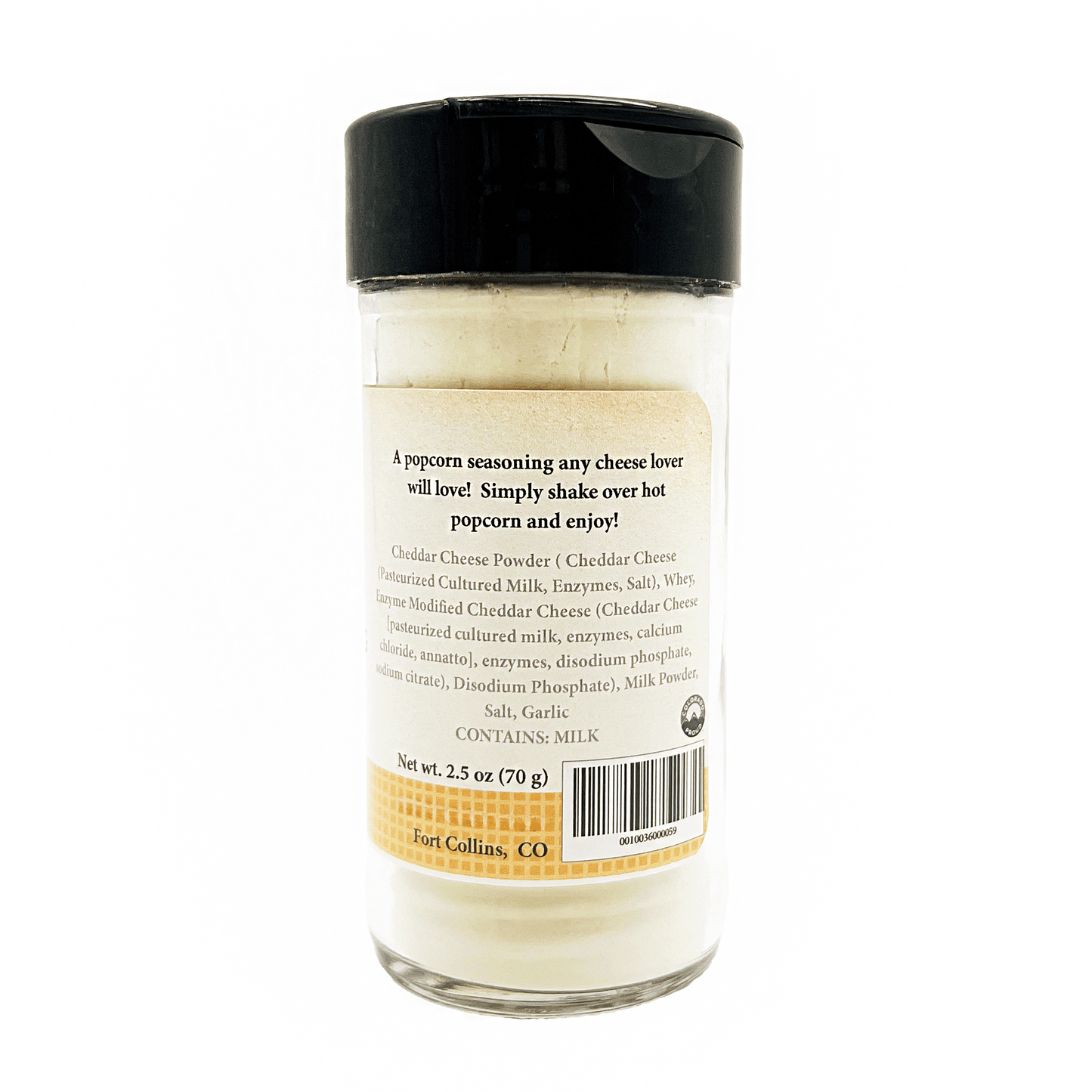 Glass seasoning container with black lid on a white background