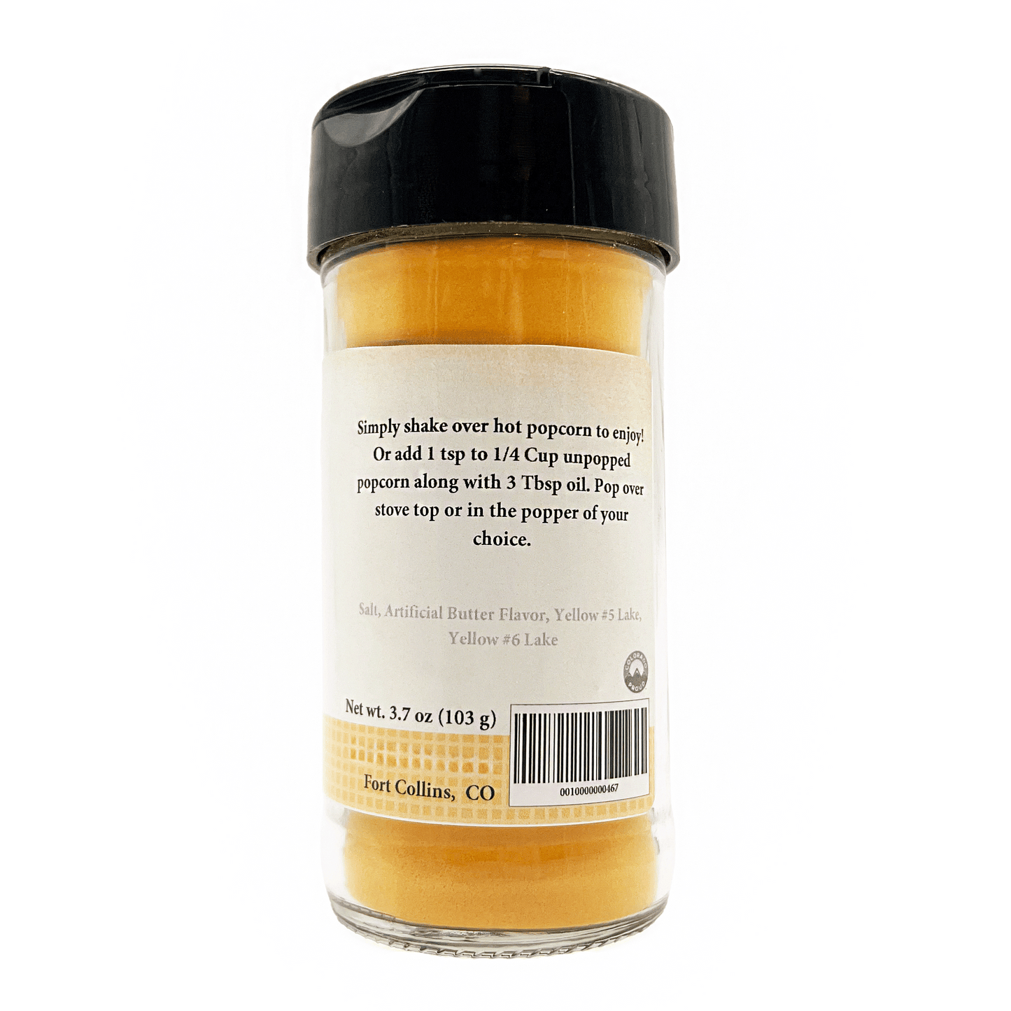 Jar of popcorn seasoning with label on a white background