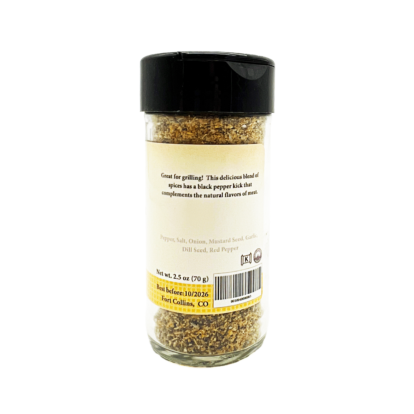 Spice jar with black lid and label on a white background