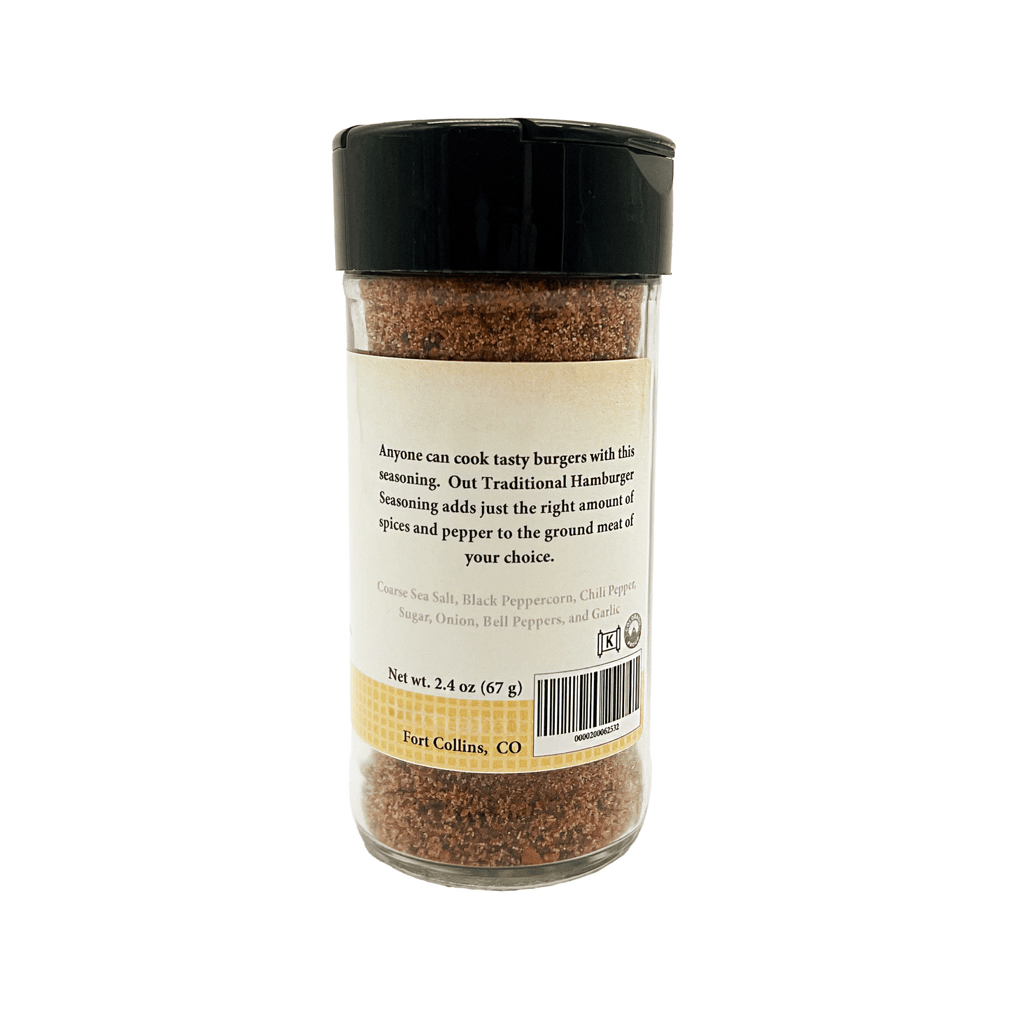 Spice jar with black lid and label on a white background
