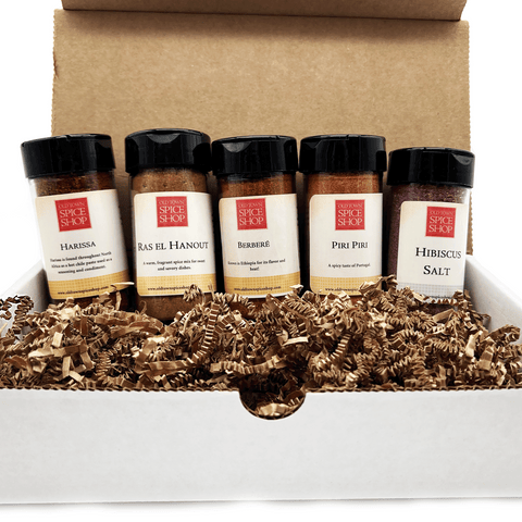Flavors of Africa Gourmet Spice Gift Box with assorted seasonings.
