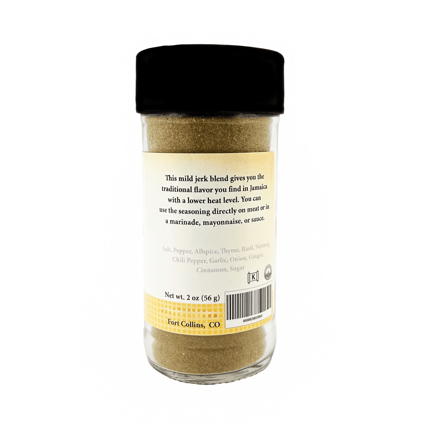 Spice jar with black lid and yellow label on a white background