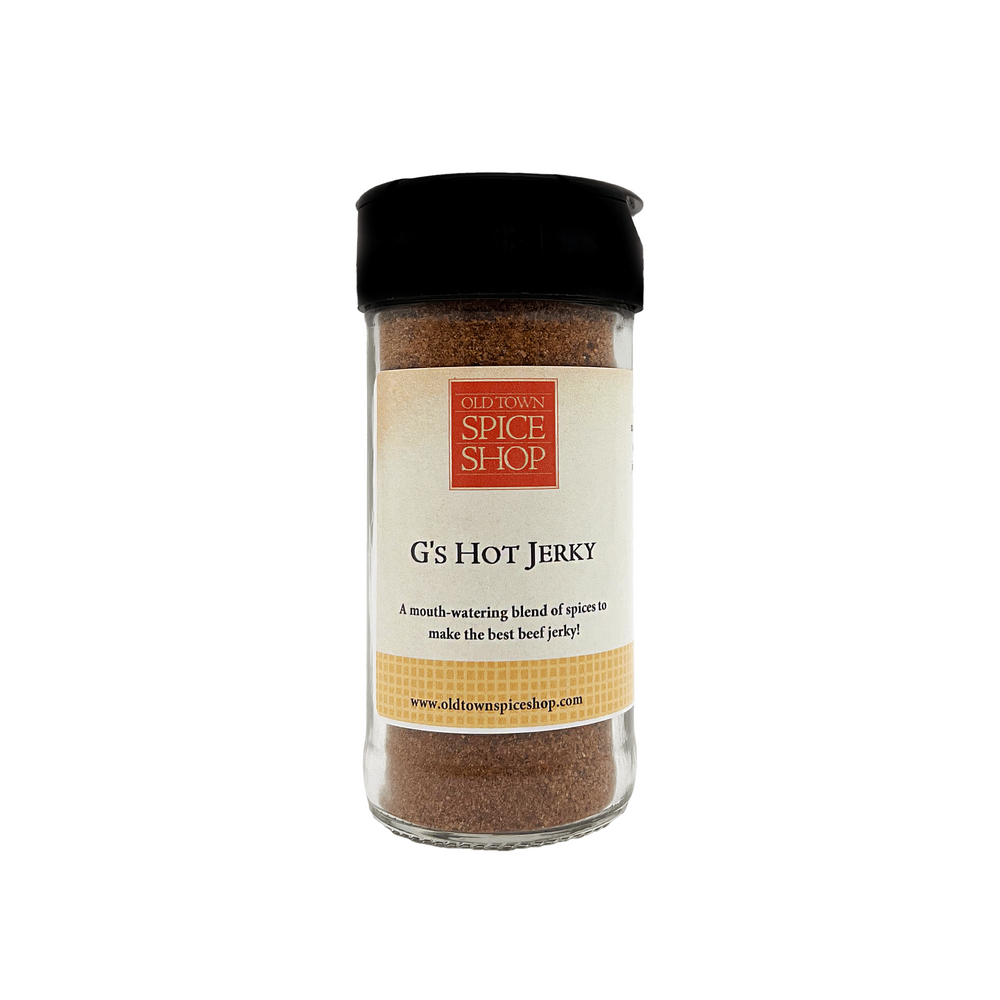 
                      
                        Spice jar labeled 'G's Hot Jerky' from The Spice Shop on a white background
                      
                    