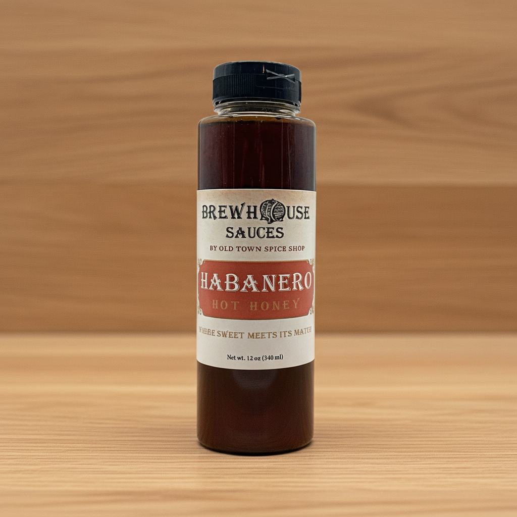 Bottle of Brewhouse Sauces Habanero Hot Honey on a white background