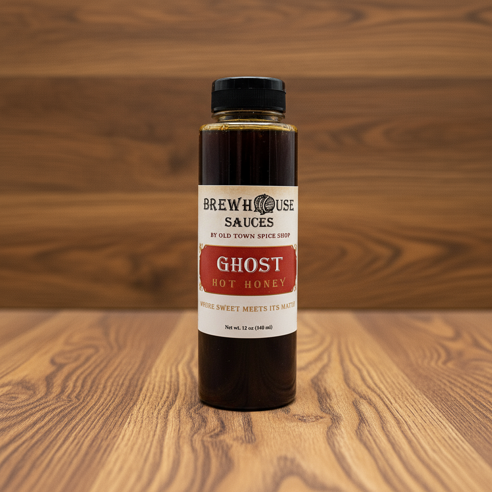 Bottle of Brew House Sauces Ghost Hot Honey on a white background