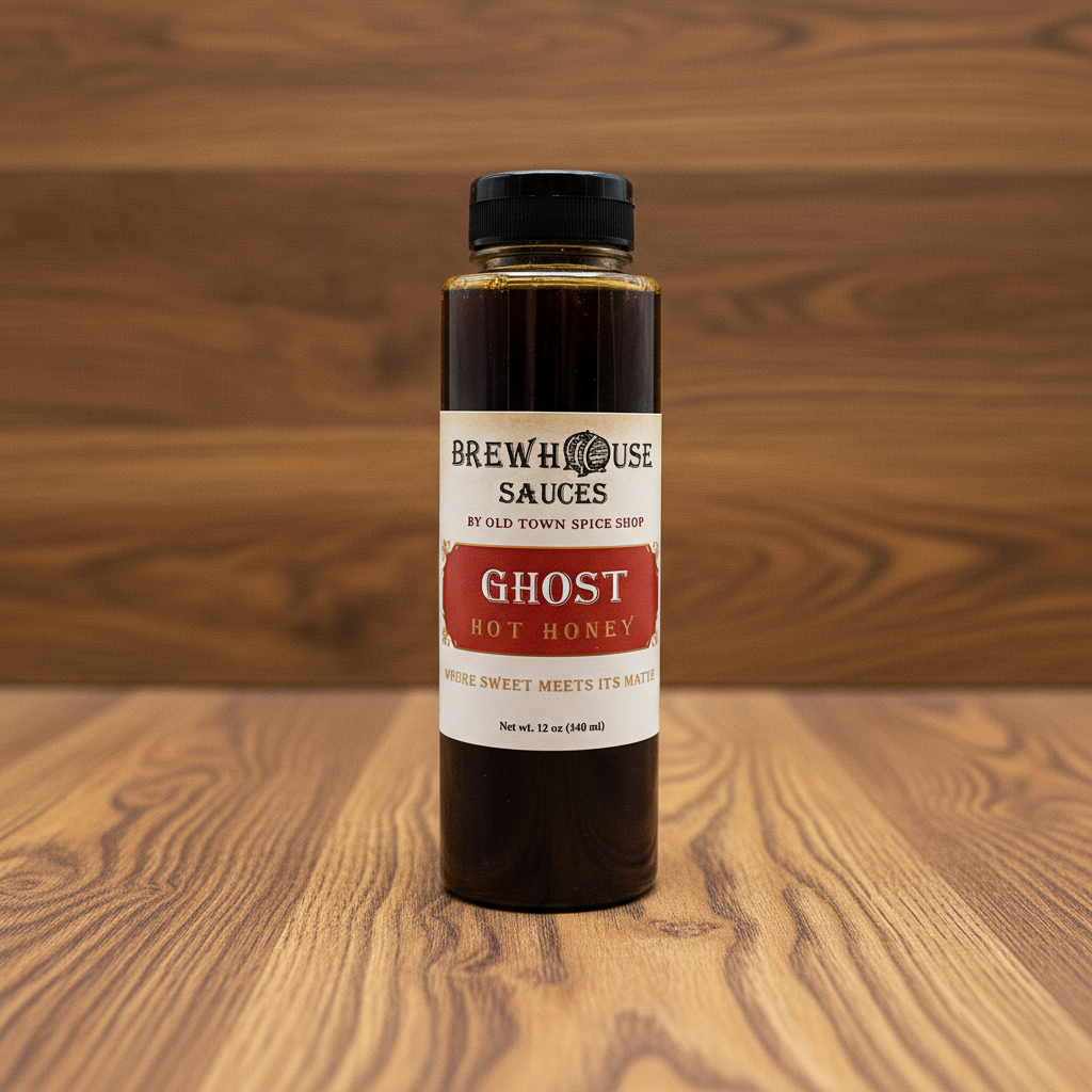 Bottle of Brew House Sauces Ghost Hot Honey on a white background