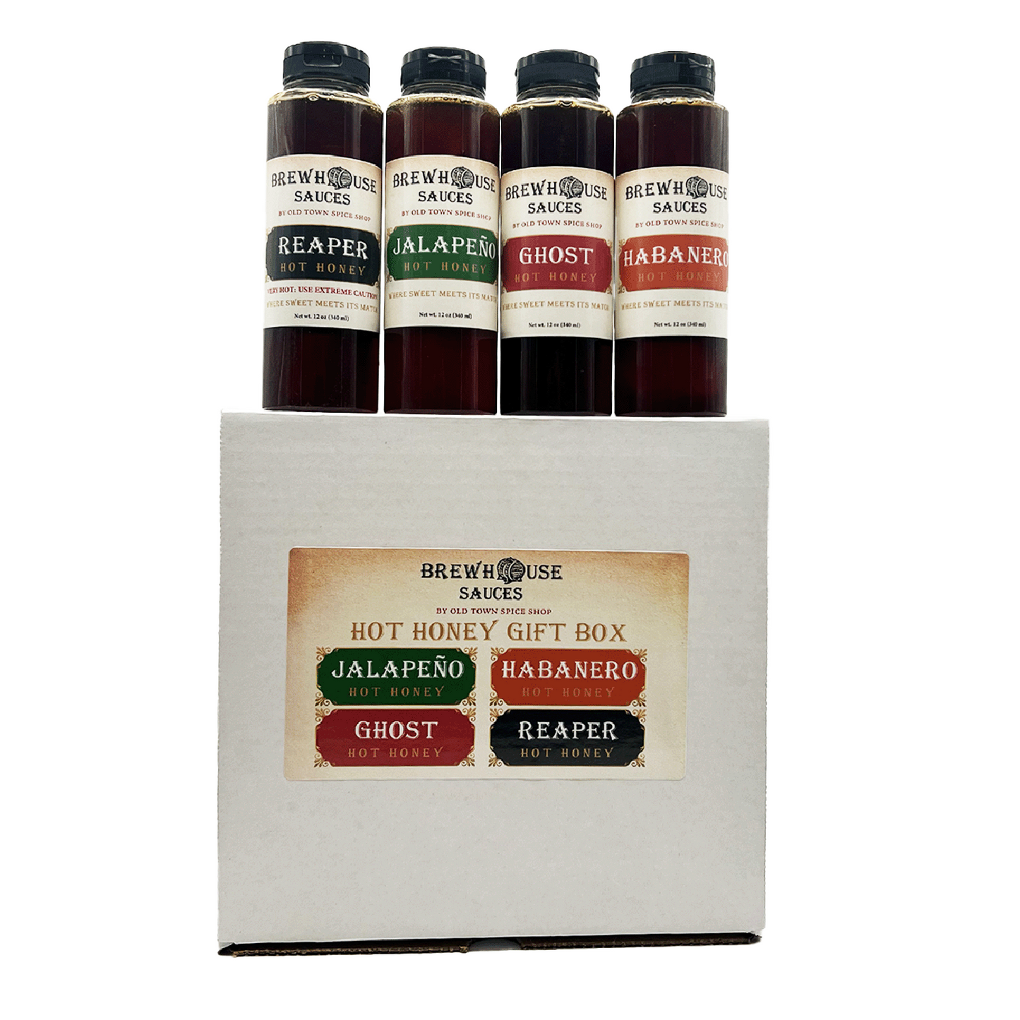 Hot Honey Gift Box: 4 Brewhouse Sauces - Jalapeño to Reaper