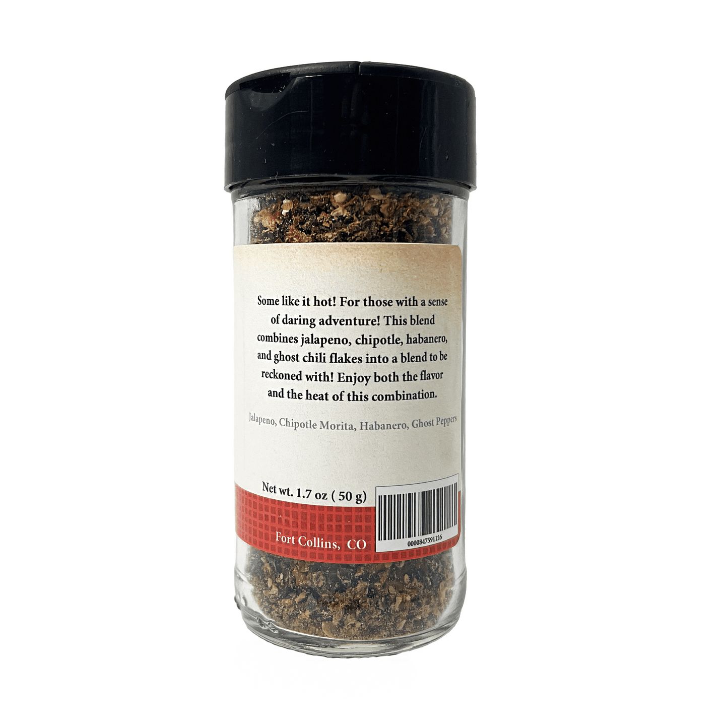 Spice jar with black lid and label on a white background