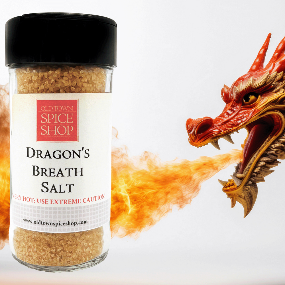 Dragon's Breath salt container with a dragon spewing fire on a white background