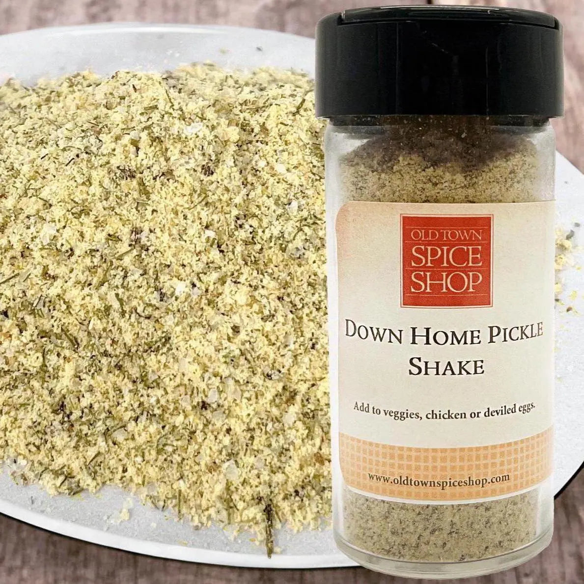 Jar of Old Town Spice Shop Down Home Pickle Shake seasoning with a label.