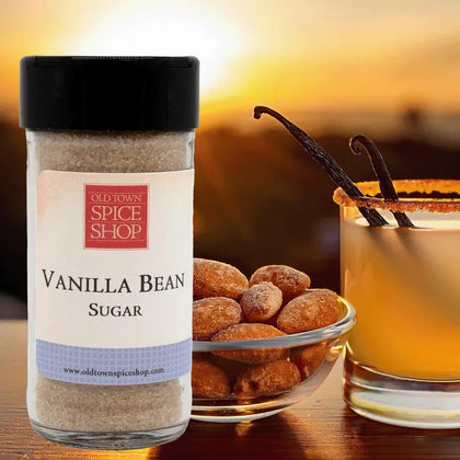 Jar of gourmet vanilla bean sugar with real specks