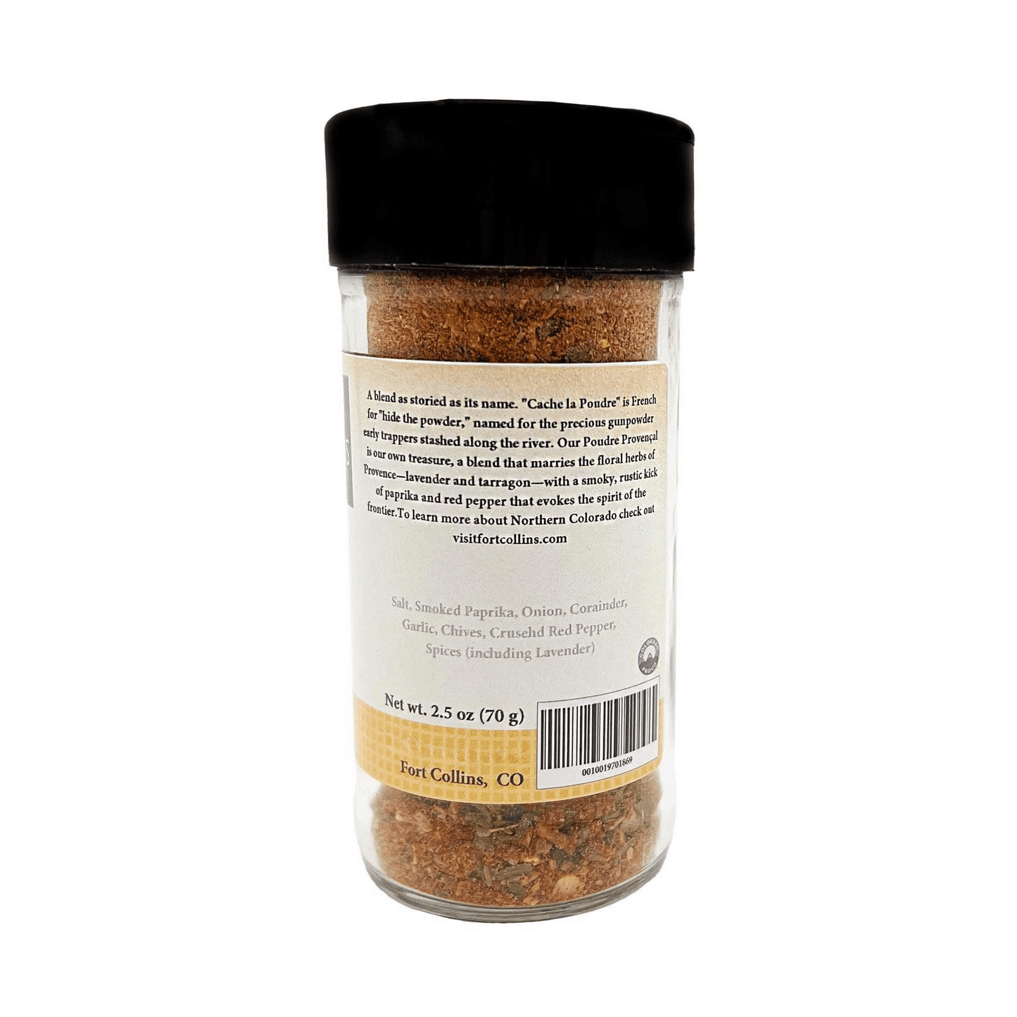 Spice jar with black lid and label on a white background