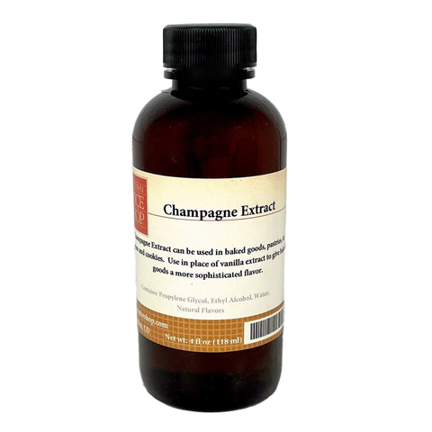 Bottle of champagne extract with a label on a white background