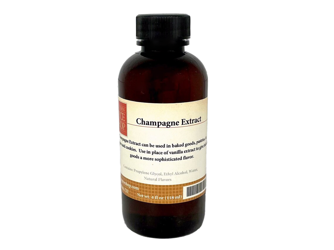 Bottle of champagne extract with a label on a white background
