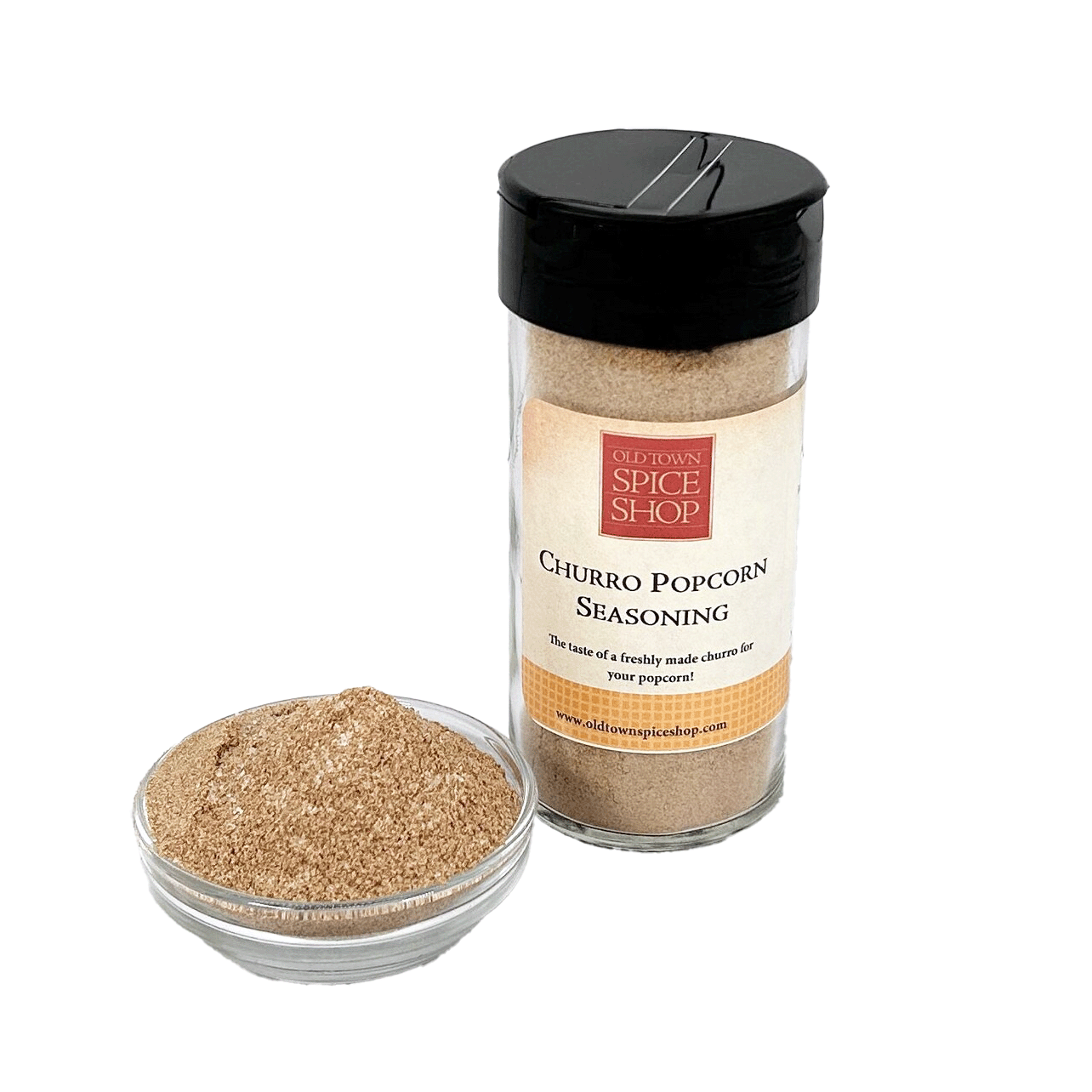 Churro Popcorn Seasoning container with a scoop of seasoning on a white background