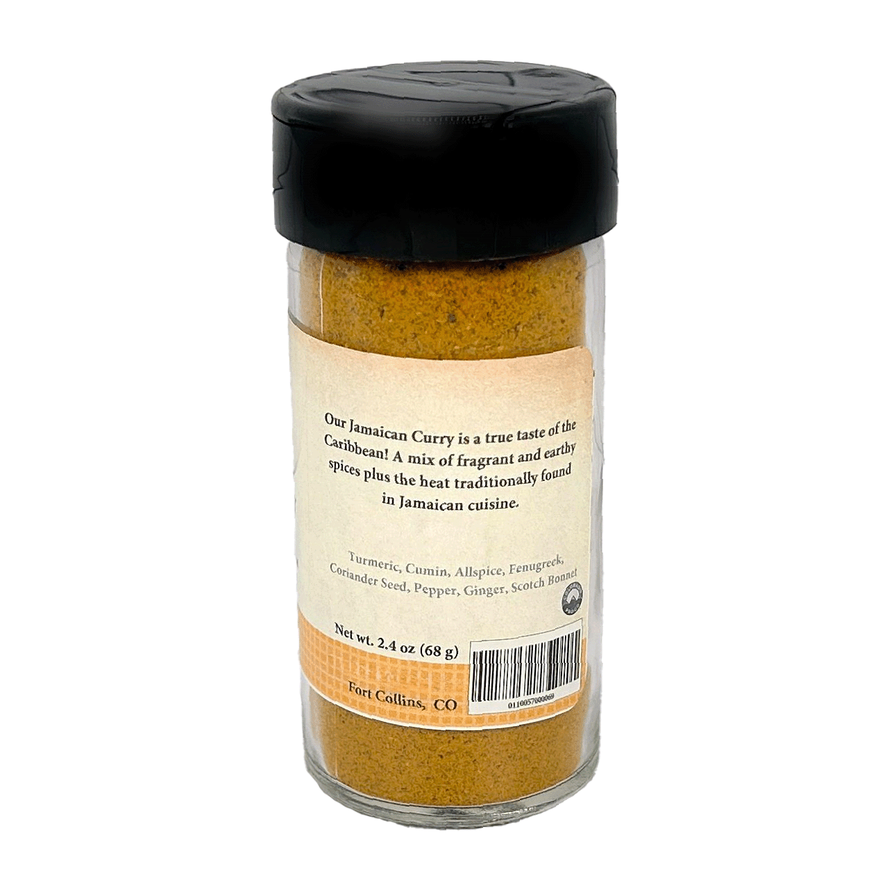 Jamaican curry spice jar with label on a white background